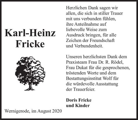 Traueranzeigen Von Karl Heinz Fricke Abschied Nehmen De