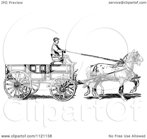 Clipart Of A Retro Vintage Black And White Horse Pulling A Wagon - Royalty Free Vector ...