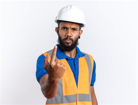 Homem Jovem Construtor Afro Americano Insatisfeito De Uniforme