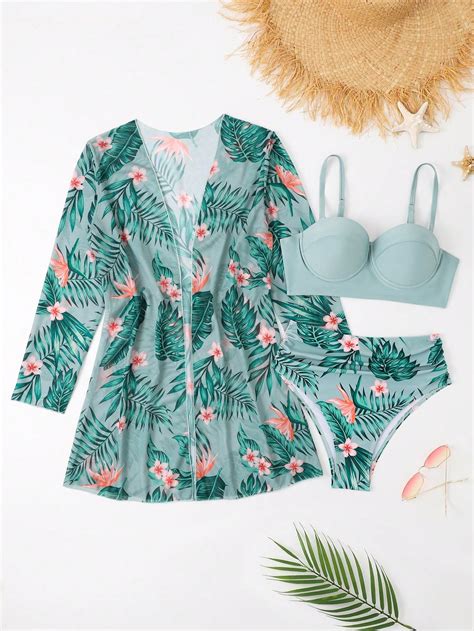 Con Estampado Tropical Set De Bikini Sujetador Push Up Hipster Bottom De Bikini Kimono
