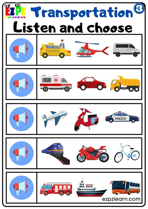 Interactive Worksheet for Transportation Listen and Choose the Correct ...