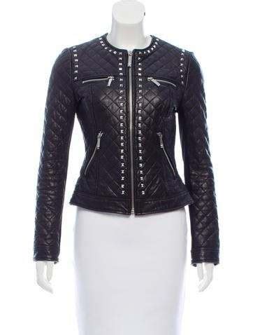 Women Quilted Leather Jacket Spiked Silver Studded Leather Black