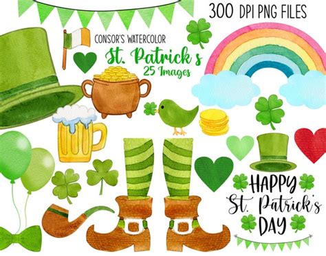 Watercolor St Patricks Day Clipart Cute Shamrock Clip Art Etsy