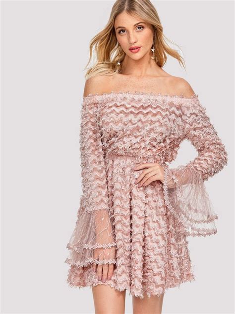 Shein Layered Fringe Embellished Flounce Sleeve Bardot Dress Flounce Sleeve Fashion Bardot Dress