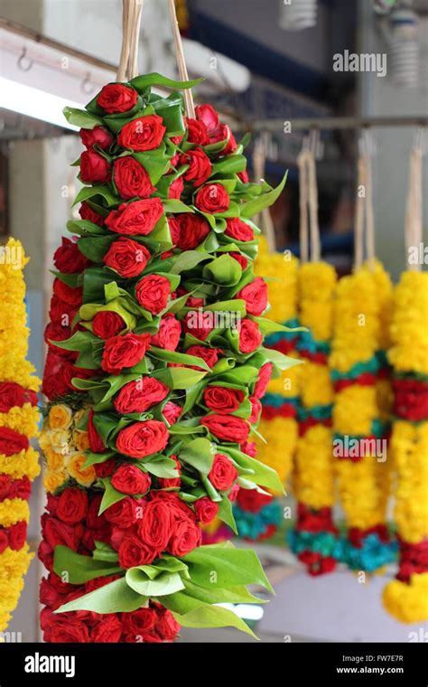 Garland of temple flowers in Little India, Singapore Stock Photo - Alamy