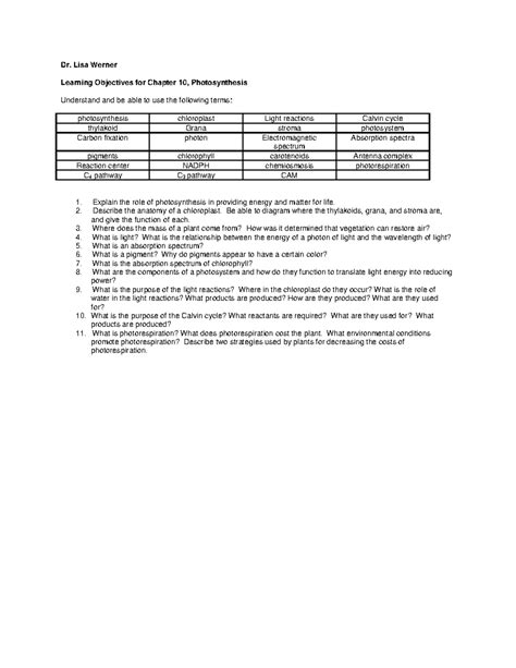 Learning Objectives for Chapter 10: Photosynthesis - Bio 101 - Studocu