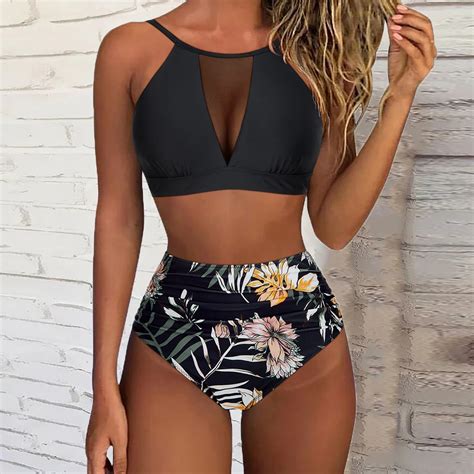 Bikini De Cintura Alta Para Mujer Traje De Ba O Sexy De Malla Negra Cuello Alto