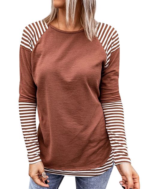 Hubery Women Stripe Printed Colorblock Crew Neck Raglan Long Sleeve Shirt