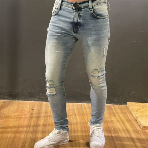 Calça Jeans Masculina Skinny Cinza Claro Desfiada Sem Bainha Mercado