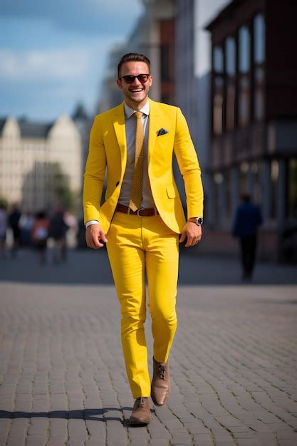 Premium Ai Image Man With Yellow Suit Walk Joyful