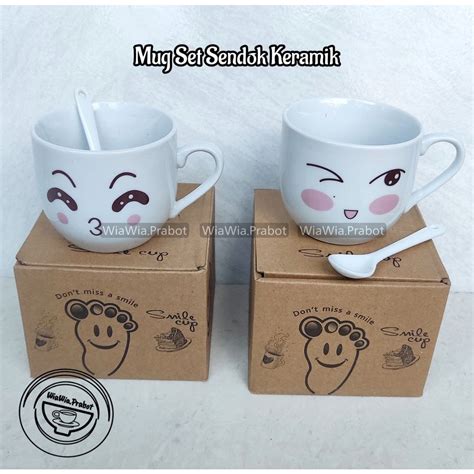 Jual Mug Keramik Emoji Sendok Mug Karakter Putih Gelas Emoticon Cangkir