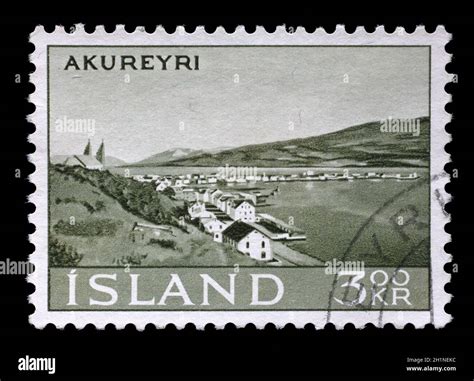 Stamp issued in Iceland shows Akureyri, Landscapes serie, circa 1963 ...