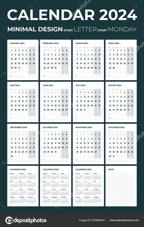 Moderner Monatskalender Und Notiz Für 2024 Woche Beginnt Montag
