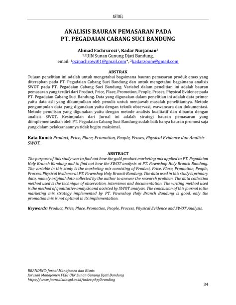 Pdf Analisis Bauran Pemasaran Pada Pt Pegadaian Cabang Suci Bandung