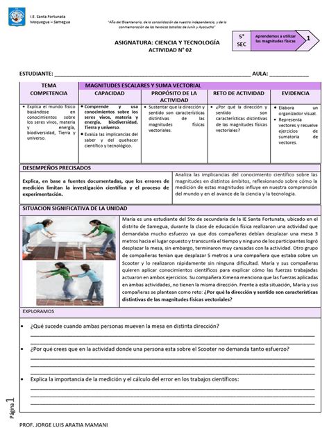 5°sec Unidad 1 Actividad 2 2024 Magnitudes Vectoriales Pdf Medición Vector Euclidiano