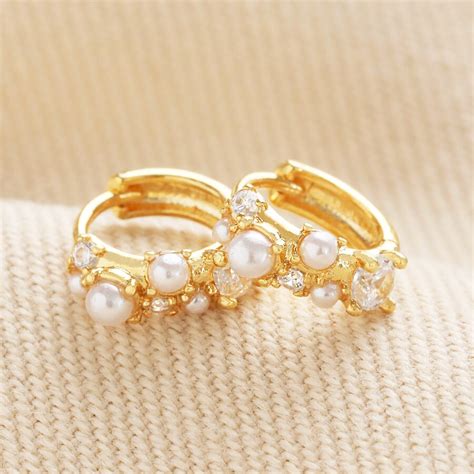 Irregular Pearl And Crystal Huggie Earrings In Gold Lisa Angel