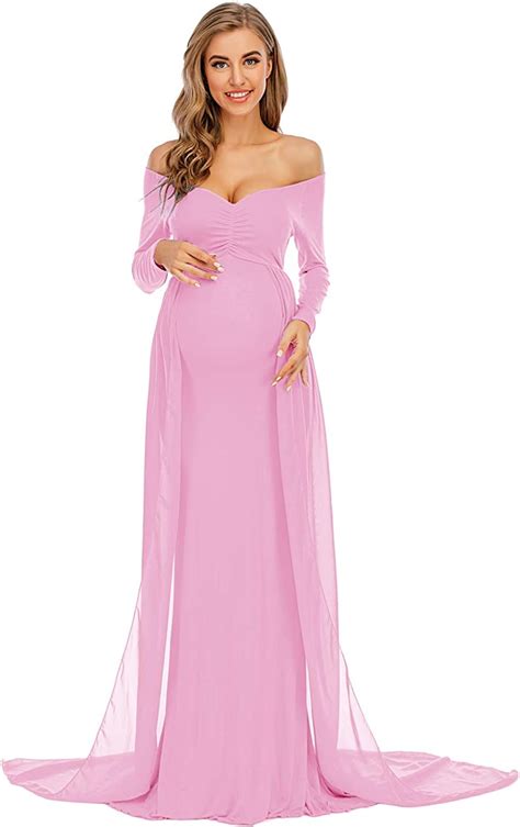 Buy Ziumudy Maternity Off Shoulder Long Sleeve Fitted Gown Maxi Chiffon