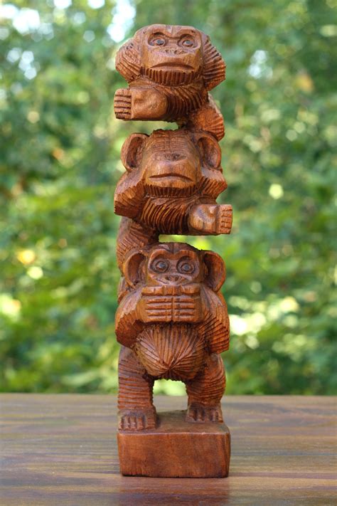 Wooden Hand Carved Stacked 3 Monkeys See, Hear, Speak No Evil Figurines ...