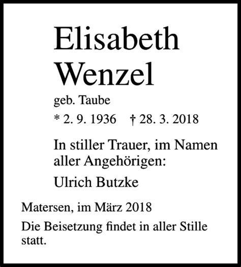 Traueranzeigen Von Elisabeth Wenzel Trauer Anzeigen De