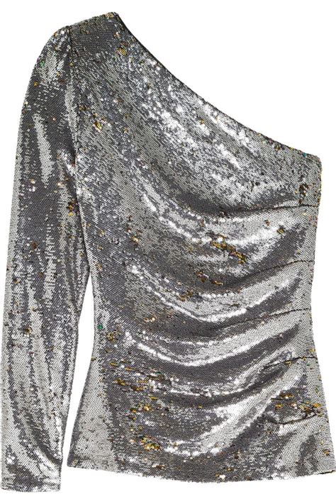 Lyst Maje One Shoulder Sequined Mesh Top In Metallic