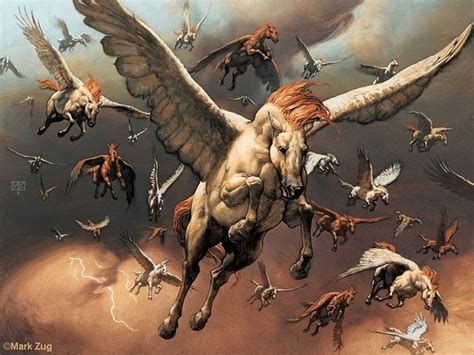 A Painting Of Horses And Birds Flying In The Sky With One Horse On Its Back