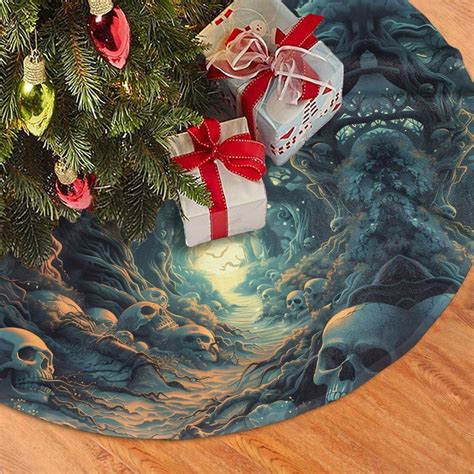 Halloween Christmas Tree Skirt Enchanted Forest Skull Path Tree Mat