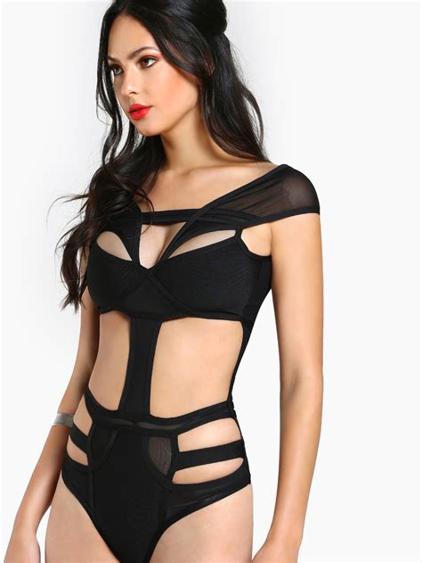 Strappy Cut Out Sheer Bodysuit Black Shein Sheinside