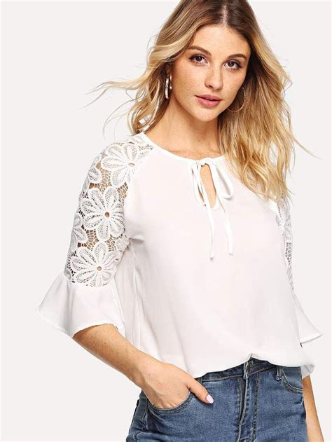 Shein Tie Keyhole Guipure Lace Flounce Sleeve Top Blusas Ropa Blusas Bonitas