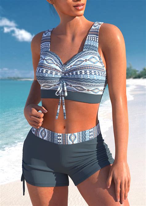 ROTITA Criss Cross Dusty Blue Tribal Print Bikini Top Rotita