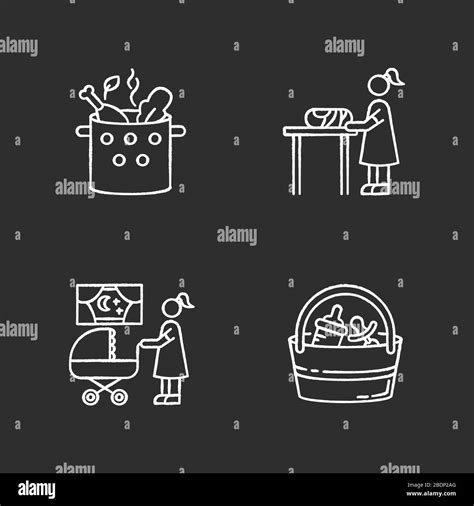 Babysitter Service Chalk White Icons Set On Black Background Cooking