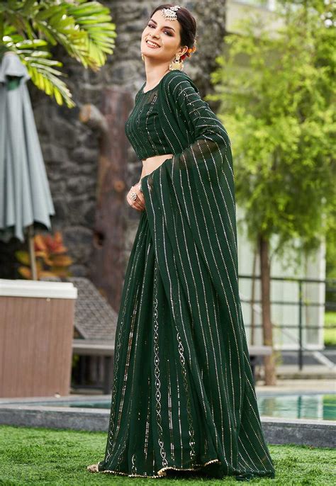 Buy Foil Printed Georgette Lehenga In Dark Green Online Lja