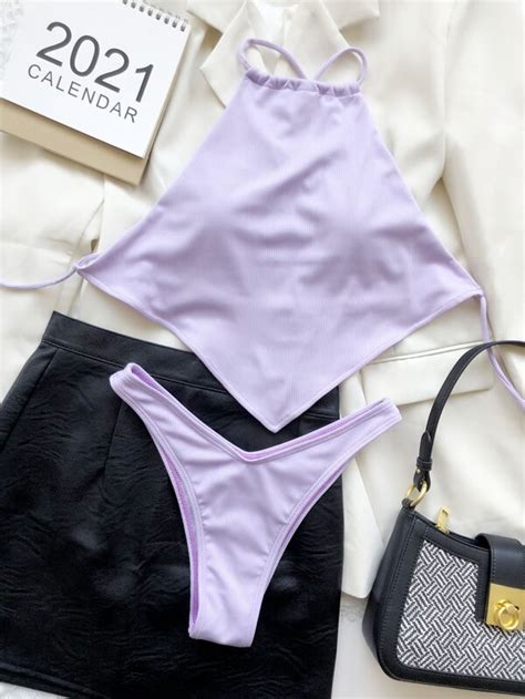 Rib Hanky Hem High Cut Bikini Swimsuit SHEIN USA