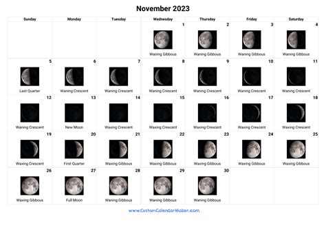 November 2023 Moon Phases Calendar | Custom Calendar Maker