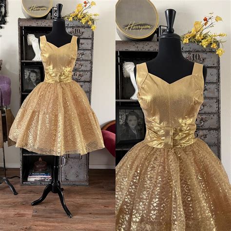 1950s Metallic Gold Cocktail Dress With Lace And Tulle Small Etsy