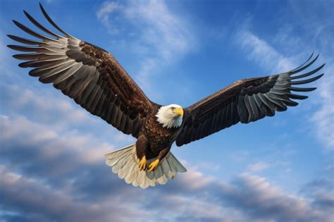 Bald Eagle In Flight With Wings Spread Wide Sky Background Created With