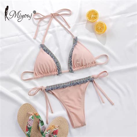 Miyouj Tassel Bikini Solid Swimsuit Thong Biquini String Swimwear Women