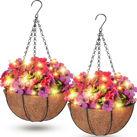 Amazon Zeyune 2 Pcs Pre Lit Artificial Hanging Baskets With Flower