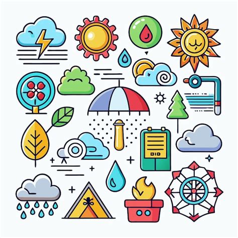 Colorful Weather Icons Set Including Sun Rain Clouds Wind And A Ferris