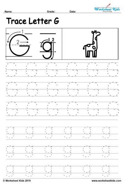 Free printable letter G alphabet tracing worksheets activity with image ...