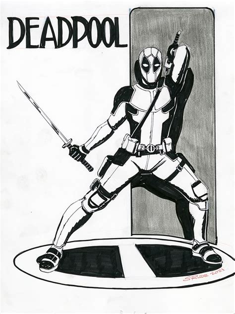 Deadpool Bandw Marker And Colored Pencil