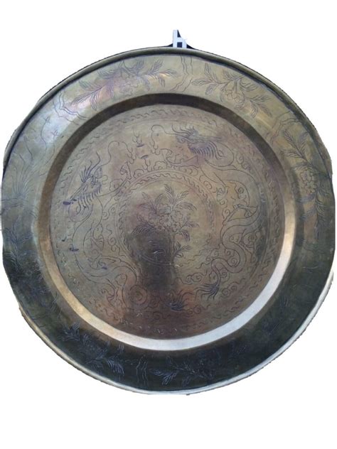 Large Antique Chinese Ming Xuande Brass Charger Bowl Engraved Dragon Phoenix Antiques And Baijiu