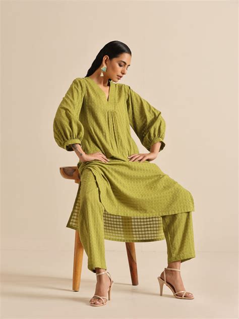 Fresh Green Dobby Puff Sleeve Kurta Pant Set Truebrowns