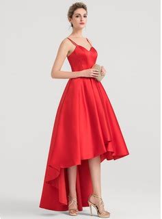 A Line Princess V Neck Asymmetrical Satin Prom Dresses