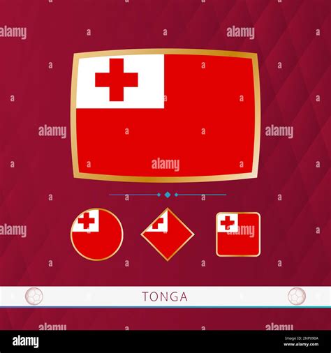 Set Of Tonga Flags With Gold Frame For Use At Sporting Events On A Burgundy Abstract Background