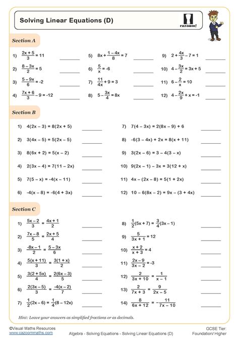 Solving Linear Equations D Worksheet Fun And Engaging Pdf Worksheets