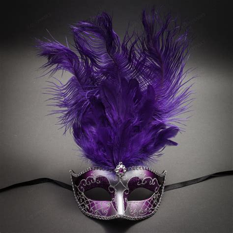 Venetian Glitter Crystal Masquerade Party Mask With Feather Silver Purple