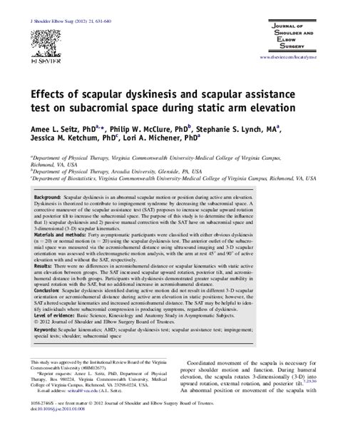 (PDF) Effects of scapular dyskinesis and scapular assistance test on subacromial space during ...