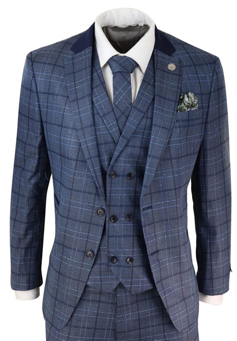 Mens Blue Check Tailored Fit Suit Buy Online Happy Gentleman