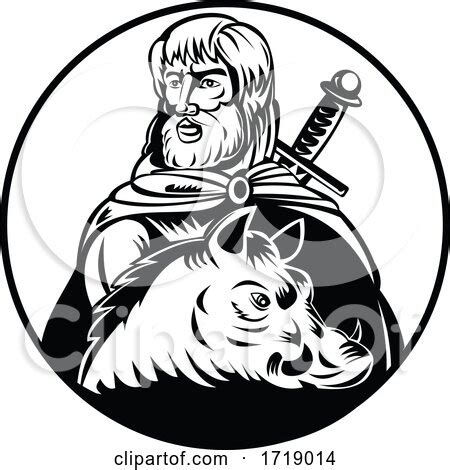 Freyr or Frey God in Norse Mythology with Sword and Wild Boar Retro Woodcut Black and White ...