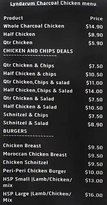 Menu At Lyndarum Charcoal Chicken Fast Food Epping